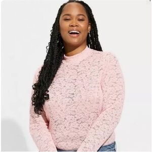 Torrid Mock Neck Top Lace Floral Shirt Long Sleeve Blouse Pink Size 0 Large 12